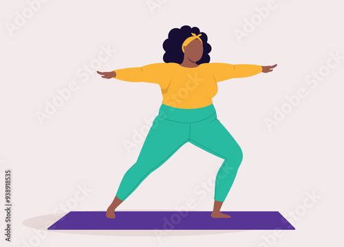 One Curvy Black Woman In Activewear Doing Yoga With Raising Both Her Arms.