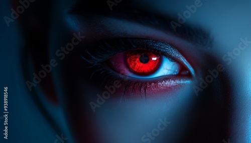 Close-Up of Woman's Eyes Glowing Red with Intense Stare in Dark Setting