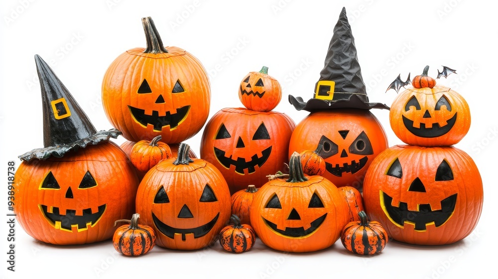 Assortment of Carved Halloween Pumpkins and Spooky Accessories