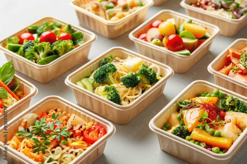 Eco friendly food delivery in paper containers. Vegetable salads and noodles. Eco friendly food delivery in paper containers. Vegetable salads and noodles.