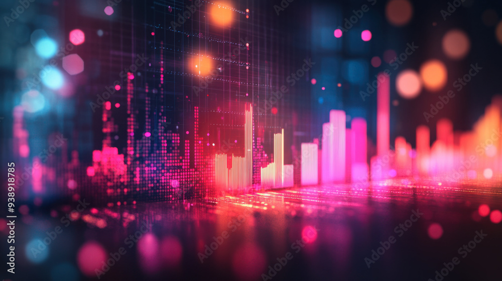 Colorful Data Visualization, A vibrant data chart with noticeable peaks displays trends, set against a softly blurred bokeh background for visual appeal Colorful Data Visualization, A vibrant data chart with noticeable peaks displays trends, set against a softly blurred bokeh background for visual appeal