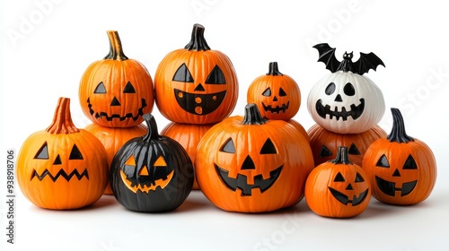 Assortment of Carved Halloween Pumpkins and Bat Shaped on White Background