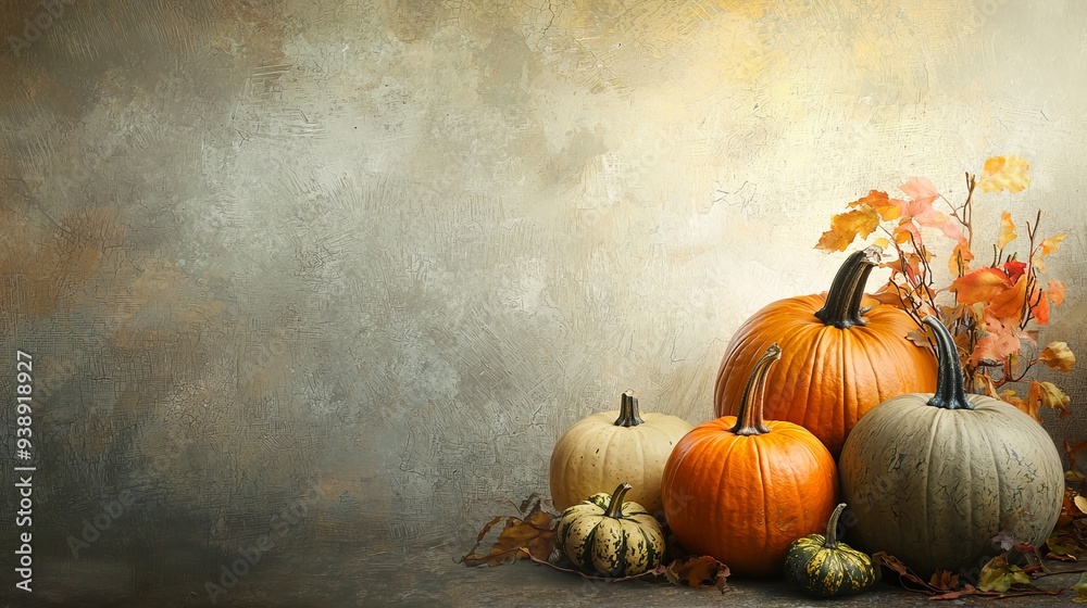 Autumn Harvest Pumpkin and Gourd Arrangement on Textured Background Autumn Harvest Pumpkin and Gourd Arrangement on Textured Background