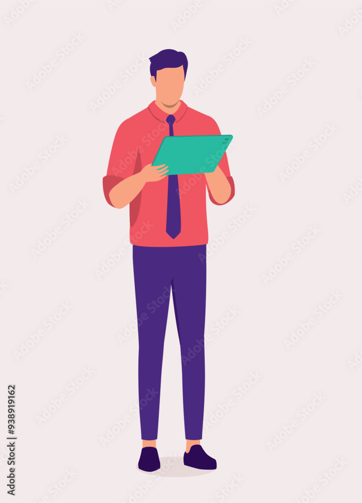 One Man Office Worker In Business Casual Standing And Holding A Digital Tablet. One Man Office Worker In Business Casual Standing And Holding A Digital Tablet.