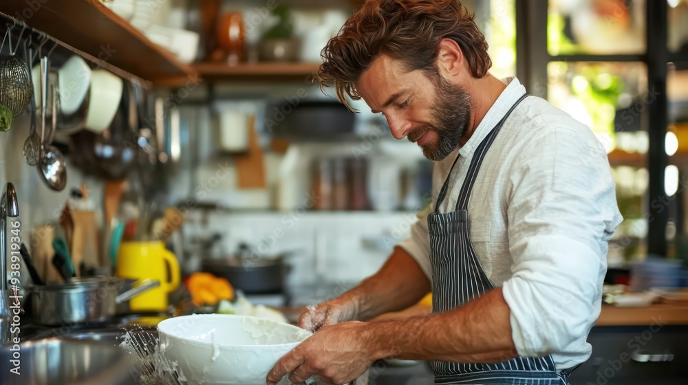 A man washing dishes in the kitchen, making sure everything is clean and ready for the next meal. A man washing dishes in the kitchen, making sure everything is clean and ready for the next meal.