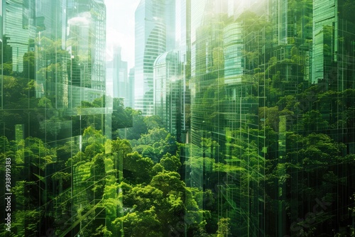 Fototapeta Naklejka Na Ścianę i Meble -  Green city  nature meets urban in double exposure photography.