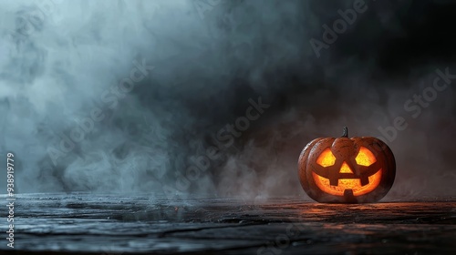 Eerie Glowing Jack o Lantern in Mysterious Smoky Autumn Environment photo