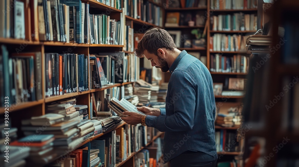 A man organizing his bookshelf, carefully placing books in order and creating a neat display. A man organizing his bookshelf, carefully placing books in order and creating a neat display.