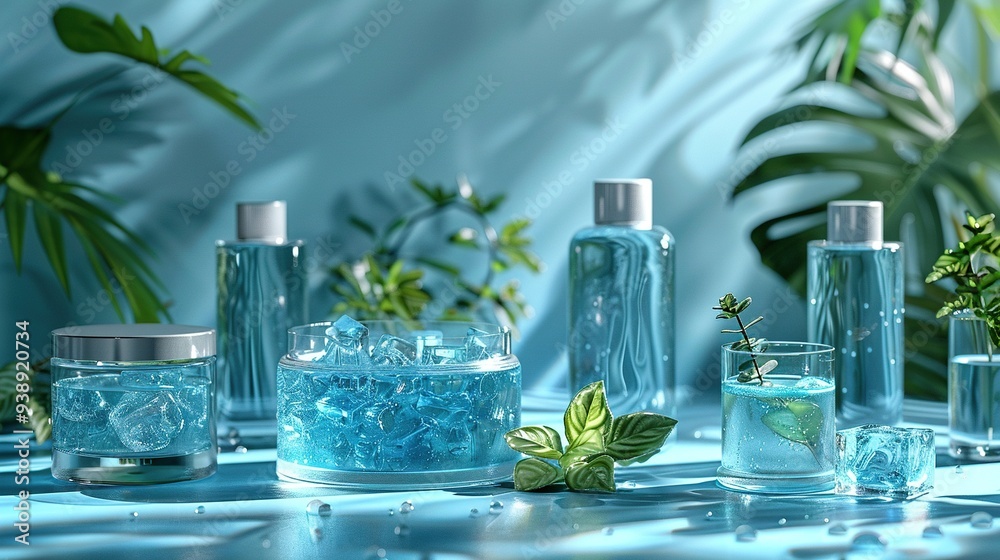 Transparent cosmetic bottles and jar with ice cubes on blue background for beauty product packaging mockup. Transparent cosmetic bottles and jar with ice cubes on blue background for beauty product packaging mockup.