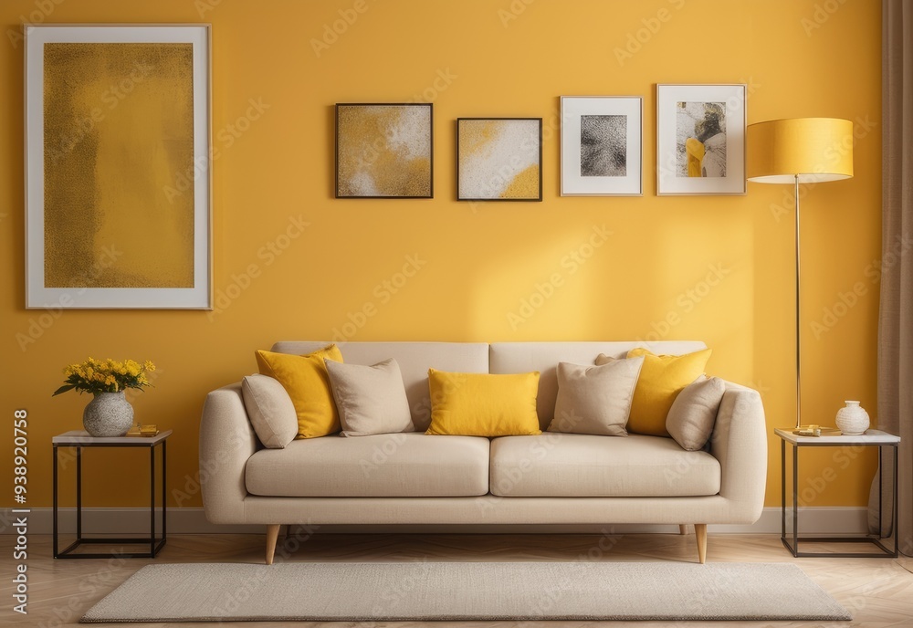 Beige sofa with yellow pillows and two side tables with lamps against vibrant yellow wall with poster frame. Classic home interior design of modern living room Beige sofa with yellow pillows and two side tables with lamps against vibrant yellow wall with poster frame. Classic home interior design of modern living room