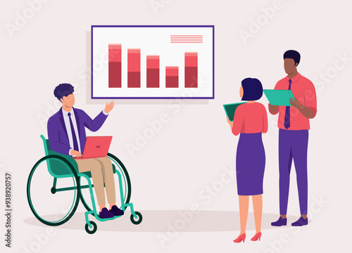 Disabled Man Worker In Wheelchair Giving A Business Presentation To His Colleagues.