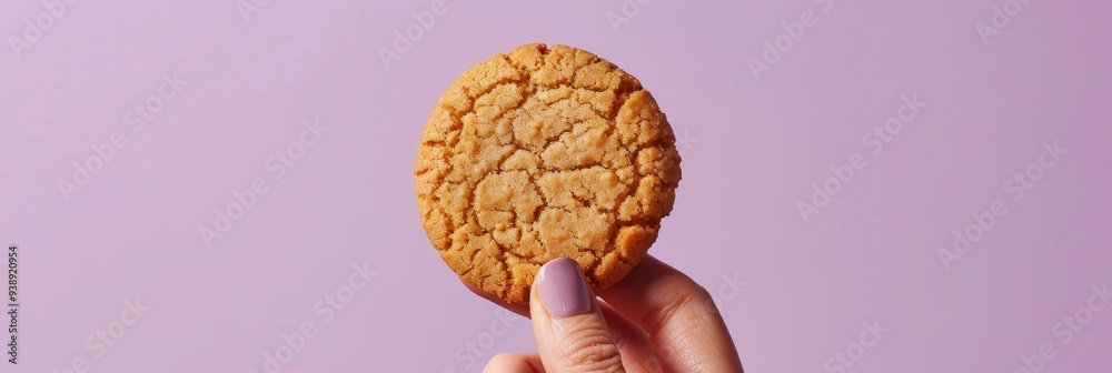 A close-up image of a person’s hand holding a crumbly, round cookie with a light purple background, focusing on its texture.