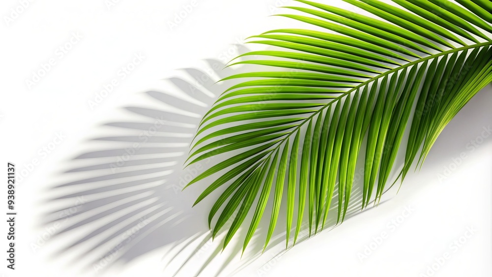 Fototapeta premium Green Tropical Palm Tree Leaf Isolated On White Background With Coconut Shadow And Copy Space For Design.