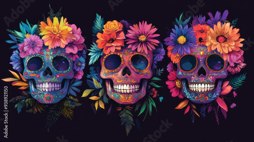 Sugar Skull Artwork, Colorful sugar skull illustrations featuring vibrant flowers, ideal for use in festive celebrations and cultural events