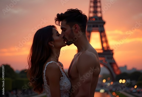 Romantic couple kissing at sunset with Eiffel Tower, Paris
