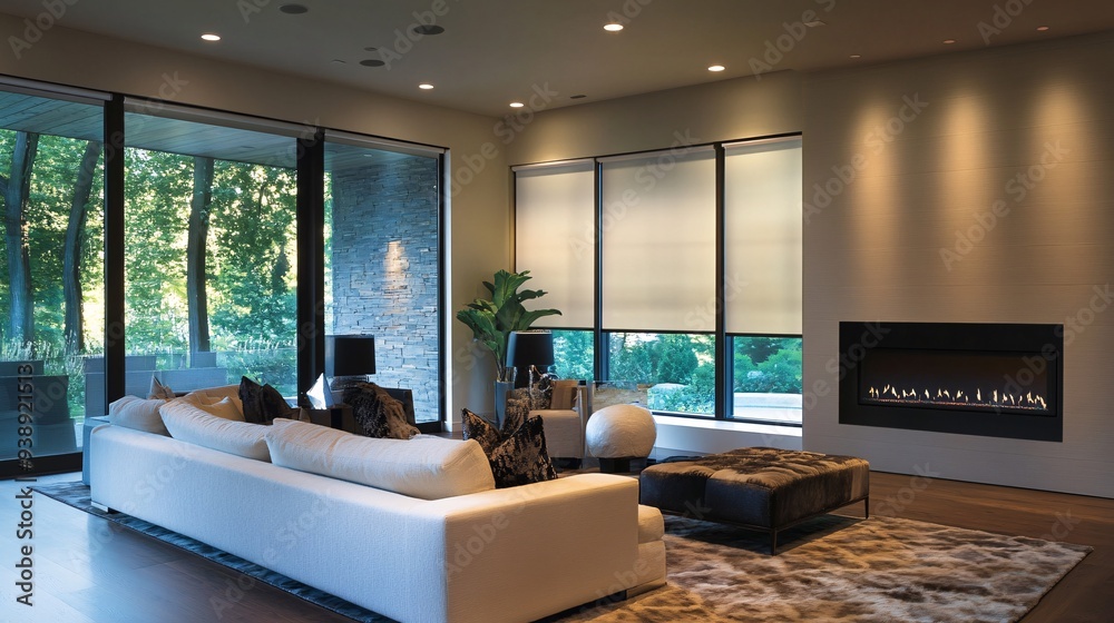 Naklejka premium Luxurious living room featuring voice-activated blinds and smart lighting