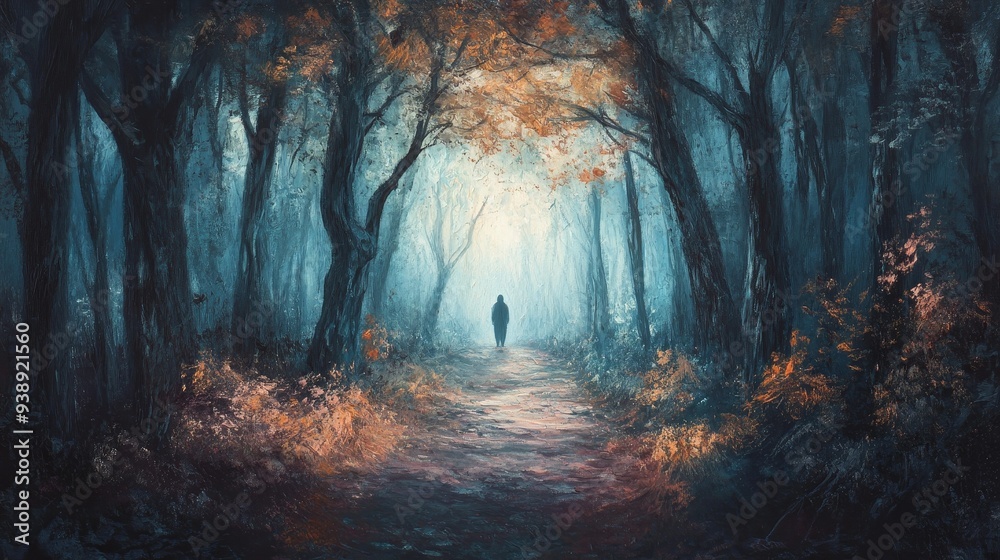 Fototapeta premium Mysterious Autumn Forest Path Leads Into Moody Ethereal Woodland