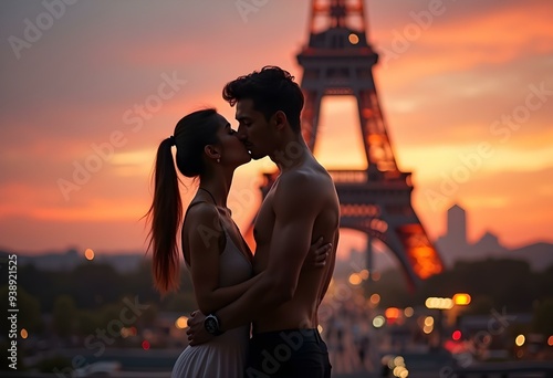 Romantic couple kissing at sunset with Eiffel Tower, Paris
