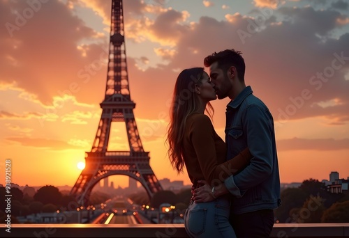 Romantic couple kissing at sunset with Eiffel Tower, Paris
