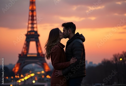 Romantic couple kissing at sunset with Eiffel Tower, Paris
