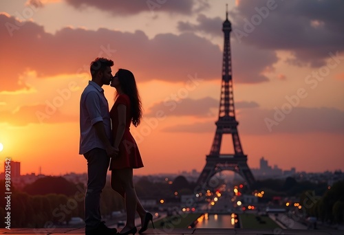 Romantic couple kissing at sunset with Eiffel Tower, Paris
