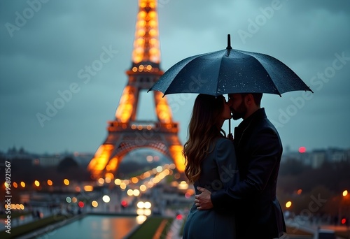 Romantic couple kissing at sunset with Eiffel Tower, Paris
