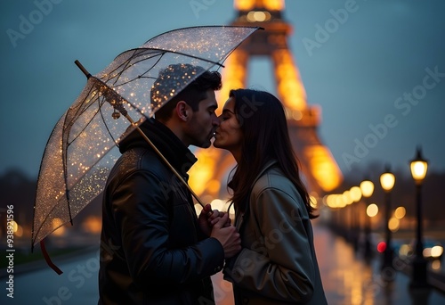 Romantic couple kissing at sunset with Eiffel Tower, Paris
