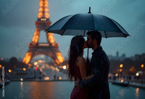 Romantic couple kissing at Rainy Day with Eiffel Tower, Paris
