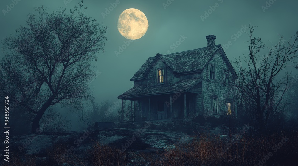 Spooky Abandoned Mansion Under Eerie Moonlight in Misty Wilderness Landscape Spooky Abandoned Mansion Under Eerie Moonlight in Misty Wilderness Landscape