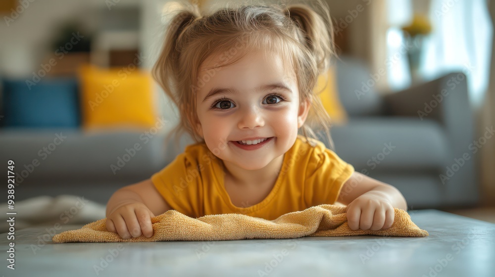 Little girl wipes the table in the living room Carefully clean the surface with a big smile. Little girl wipes the table in the living room Carefully clean the surface with a big smile.