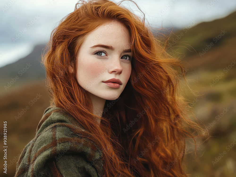 Portrait of a Young Beautiful Red-Haired Scottish Woman in a Serene Highland Landscape Portrait of a Young Beautiful Red-Haired Scottish Woman in a Serene Highland Landscape