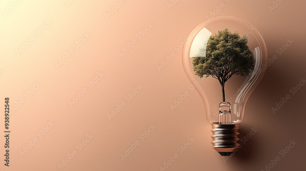 Light bulb with a tree inside on a light brown background, a concept of eco-friendly energy and sustainable development Light bulb with a tree inside on a light brown background, a concept of eco-friendly energy and sustainable development