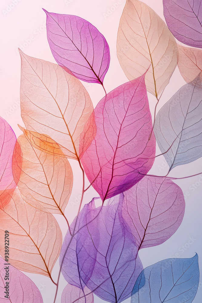 Pastel Leaves,  Translucent leaves in soft pastel shades with detailed veining set against a gentle white background, perfect for nature-themed designs