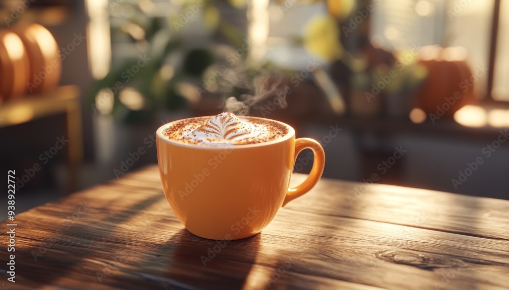 Fototapeta premium Cup with Spiced Up Coffee and Cinnamon in Rustic Warm Setting