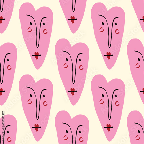 Valentines Day pattern with ugly funky hearts. Groovy cute love characters. Vector illustration in doodle style