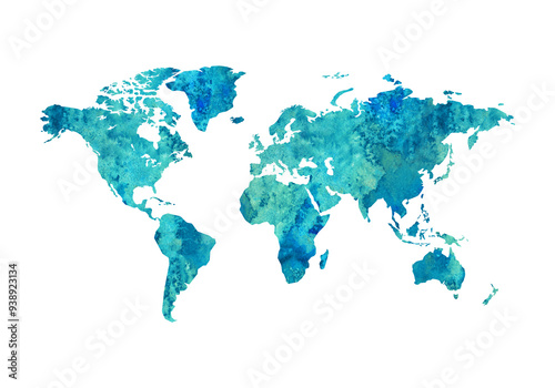 Blue teal watercolor world map. Travel destination illustration. Vacation art.