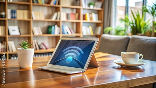 High-Speed Internet Connection Being Used On A Tablet Device Sitting On A Desk In A Home Office Or Library