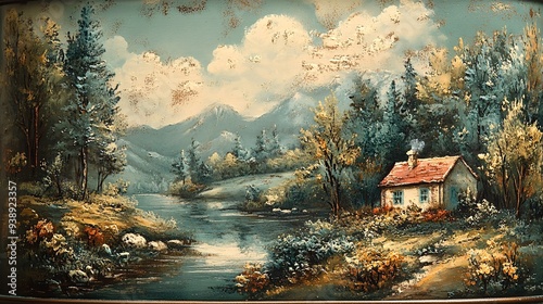 A classic tole-painted metal canister, featuring a pastoral scene with cottages, trees, and a serene sky in soft, muted tones