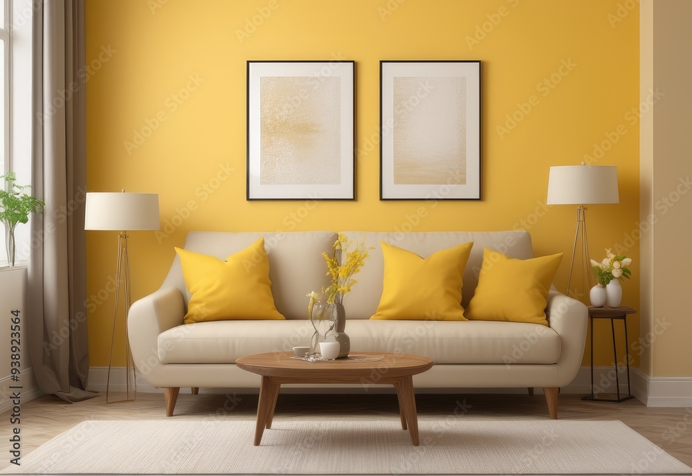 Beige sofa with yellow pillows and two side tables with lamps against vibrant yellow wall with poster frame. Classic home interior design of modern living room Beige sofa with yellow pillows and two side tables with lamps against vibrant yellow wall with poster frame. Classic home interior design of modern living room