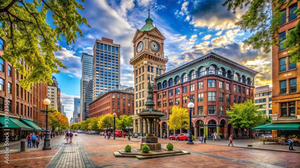 Seattle Clock Building Historic clock tower stands tall in vibrant Pioneer Square, surrounded ...