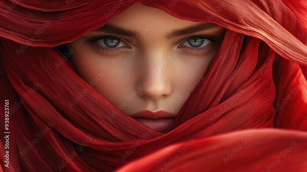 Red Fabric Face, A calm face covered in flowing red fabric, representing beauty, passion, and intrigue, creating a captivating visual display Red Fabric Face, A calm face covered in flowing red fabric, representing beauty, passion, and intrigue, creating a captivating visual display