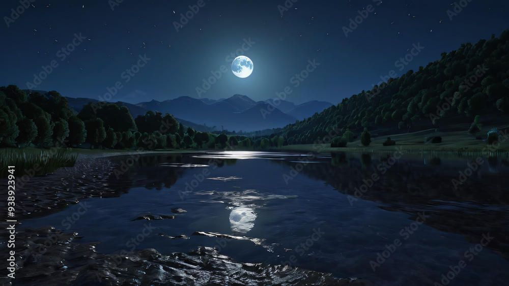 Fototapeta night landscape with lake and mountains