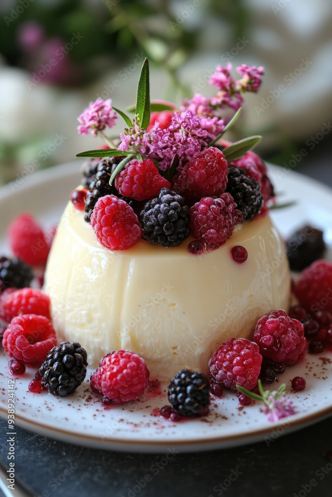 Cream Dessert, A close-up view of a cream-colored dessert garnished with fresh berries, beautifully arranged and ready to serve Cream Dessert, A close-up view of a cream-colored dessert garnished with fresh berries, beautifully arranged and ready to serve
