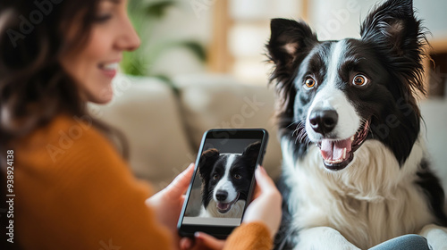 A woman using her smartphone to capture an adorable photo of her border collie dog in the living room,