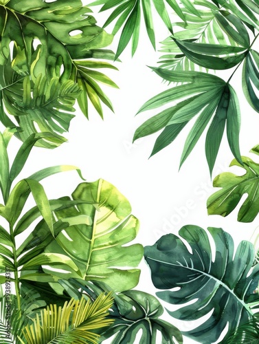 A decorative border of tropical leaves, painted in a soft watercolor style with overlapping layers of greenery, providing a natural and organic frame, isolated on a white background