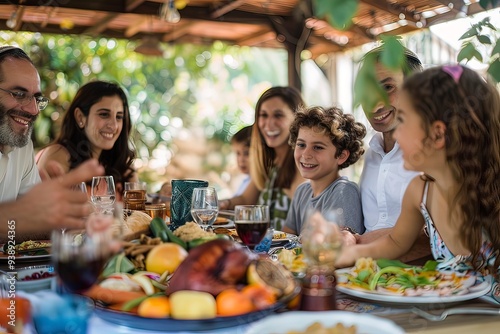 Jewish family celebrating Sukkot with an outdoor meal, surrounded by greenery and joy photo