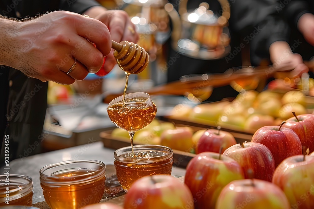 Pouring honey into a glass for Rosh Hashanah celebration Pouring honey into a glass for Rosh Hashanah celebration