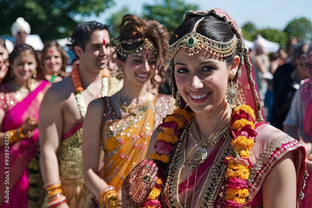 Smiling Hindu bride with bridal party during outdoor wedding procession Smiling Hindu bride with bridal party during outdoor wedding procession