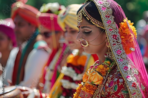 Hindu wedding procession with traditional attire and rituals