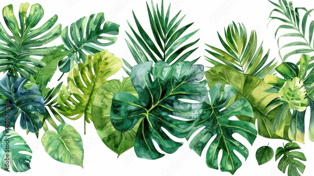 A horizontal border of tropical leaves with a mix of large and small foliage, each leaf intricately detailed in watercolor with varying hues of green, isolated on a white background A horizontal border of tropical leaves with a mix of large and small foliage, each leaf intricately detailed in watercolor with varying hues of green, isolated on a white background